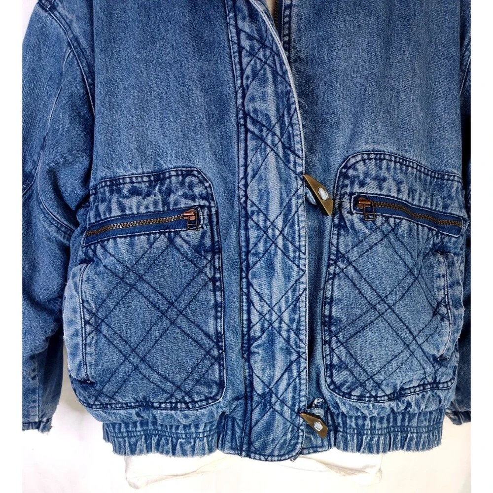 Vtg London Towne Mens Jean Denim Barn Chore Blanket Lined Jacket Sz L Toggle Zip